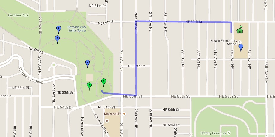 Map of lower Ravenna Park with practice locations (green pins) and walking route from Bryant.